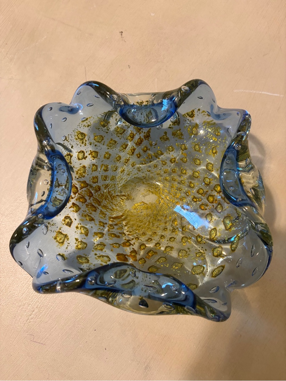 Murano Blue and Gold Ruffled Art Glass Bowl Vintage Gorgeous Colours 6x6